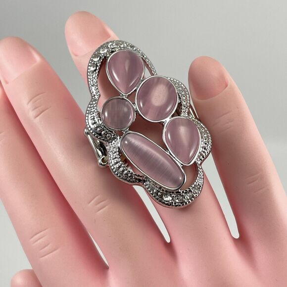 Silver Tone Purple Cat Eye Glass Halo Stretch Rings Adjustable Statement Bling - Picture 2 of 6